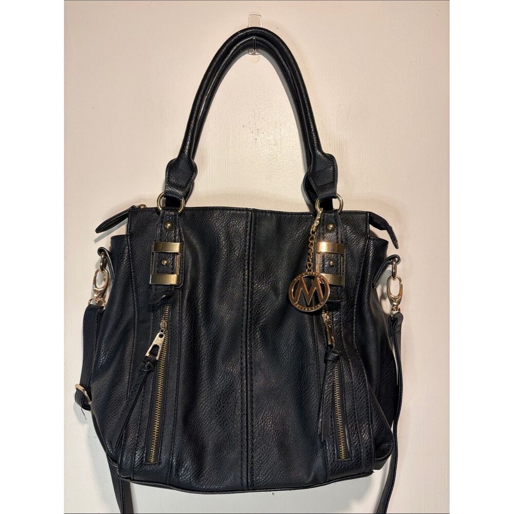 Mia K Farrow Collection Black Pebbled Leather Gold Hardware Bag + Straps